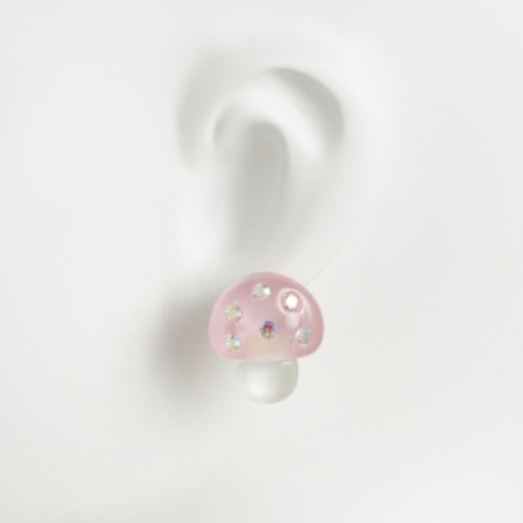 NWTS BETSEY JOHNSON Pink Mushroom Stud Earrings Silver Rhinestones Accents. - Picture 5 of 5